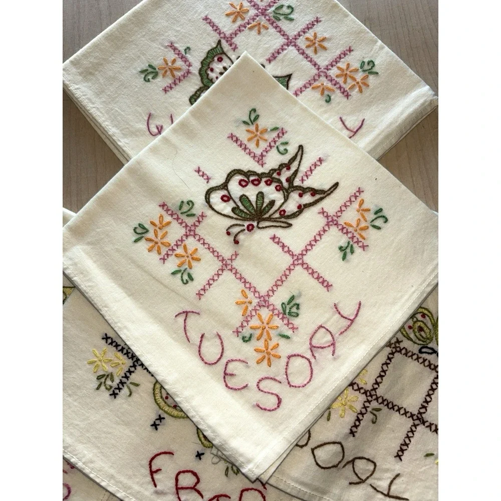 Vtg Days of the Week Kitchen Towels Sunday-Saturday Butterfly Hand Embroidered